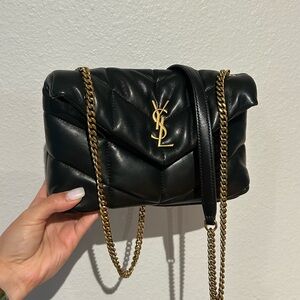 Yves Saint Laurent Black Leather Toy Puffer Bag with Gold Chain